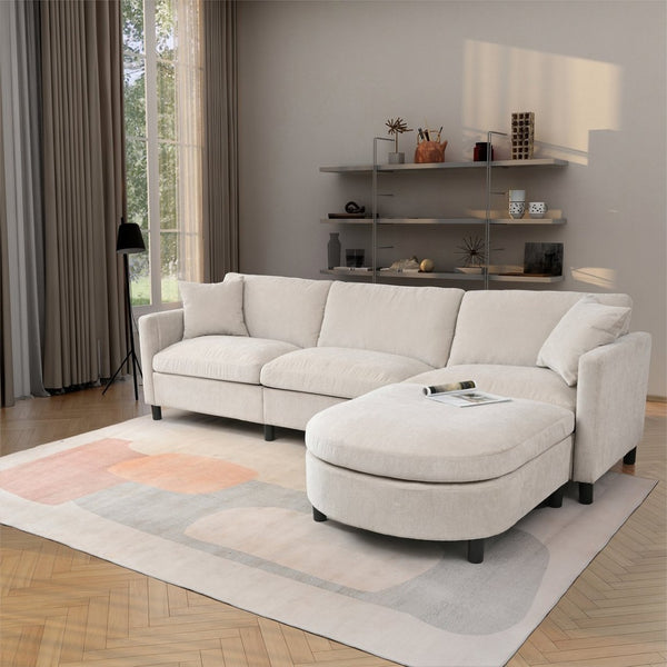 English Elm 107.87'sectional Sofa with Ottoman Pine Frame Removable Cushions Living Room Seating Beige W680S00008