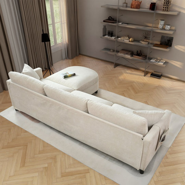 English Elm 107.87'sectional Sofa with Ottoman Removable Cushions Pine Frame L-shaped Living Room Beige W680S00145