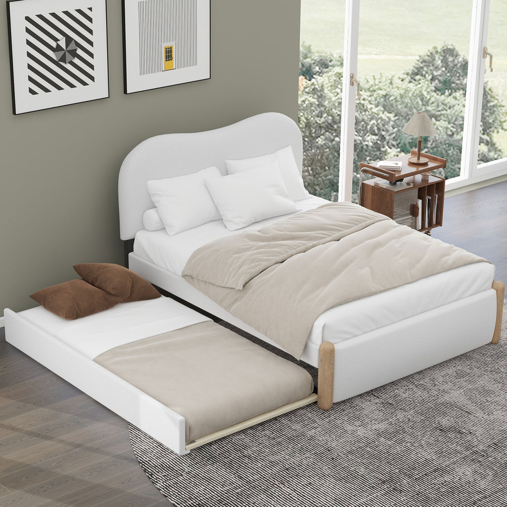 English Elm Full Full Size Upholstered Platform Bed with Arc Headboard, White Berber Fleece & Twin Trundle, Sturdy DL000563AAK