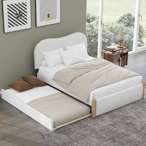 English Elm Full Full Size Upholstered Platform Bed with Arc Headboard, White Berber Fleece & Twin Trundle, Sturdy DL000563AAK