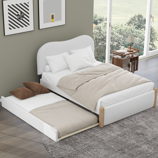 English Elm Full Full Size Upholstered Platform Bed with Arc Headboard, White Berber Fleece & Twin Trundle, Sturdy DL000563AAK