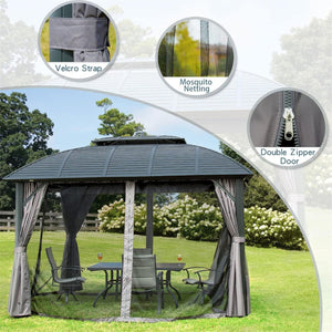 English Elm Outdoor Gazebo 10'x12' Hardtop with Galvanized Double Roof, Aluminum Frame, Curtains, Hooks for Lights Fans W1859S00046