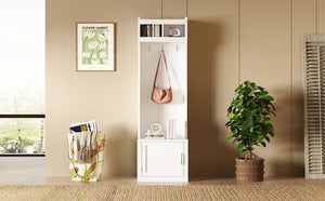 English Elm On-trend Slim Hall Tree Entryway Bench with Cabinet Six Hooks Matte Foyer Storage White N721P249243K