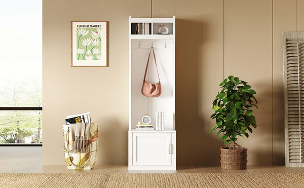 English Elm On-trend Slim Hall Tree Entryway Bench with Cabinet Six Hooks Matte Foyer Storage White N721P249243K