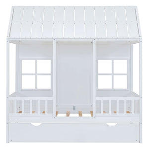 English Elm Twin House Bed White Pinewood Frame with Pull Out Trundle for Kids Bedroom LP001668AAK-2