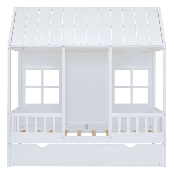 English Elm Twin House Bed White Pinewood Frame with Pull Out Trundle for Kids Bedroom LP001668AAK-2