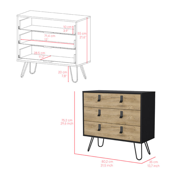 English Elm Dresser Magness Black/Macadamia — Compact 3-Drawer Engineered Wood with Metal Handles & Stable Four-Leg Base B092P154879