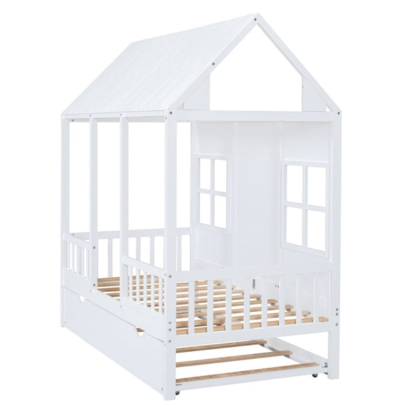 English Elm Twin House Bed White Pinewood Frame with Pull Out Trundle for Kids Bedroom LP001668AAK-2