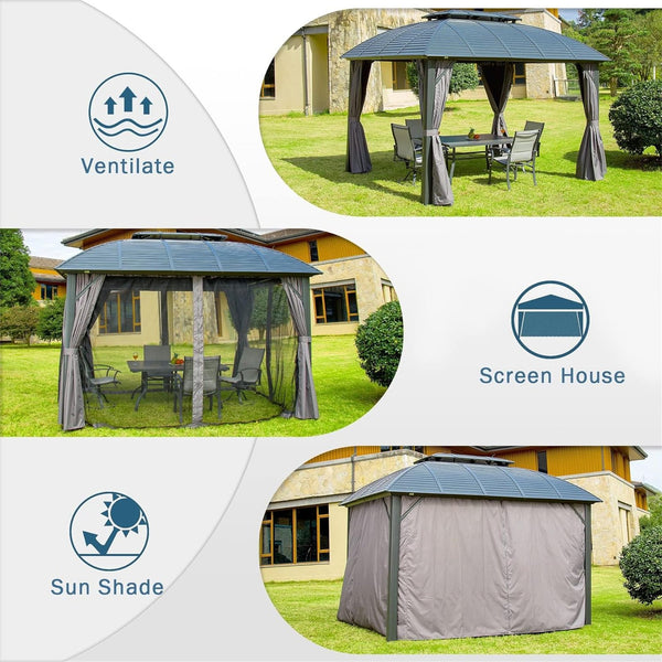English Elm Outdoor Gazebo 10'x12' Hardtop with Galvanized Double Roof, Aluminum Frame, Curtains, Hooks for Lights Fans W1859S00046