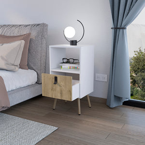 English Elm Nightstand Modern A Magness White & Macadamia Finish with Drawer, Open Shelf, Elevated Legs, Durable Engineered Wood B092P154880