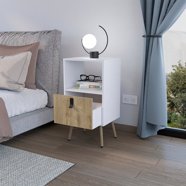 English Elm Nightstand Modern A Magness White & Macadamia Finish with Drawer, Open Shelf, Elevated Legs, Durable Engineered Wood B092P154880