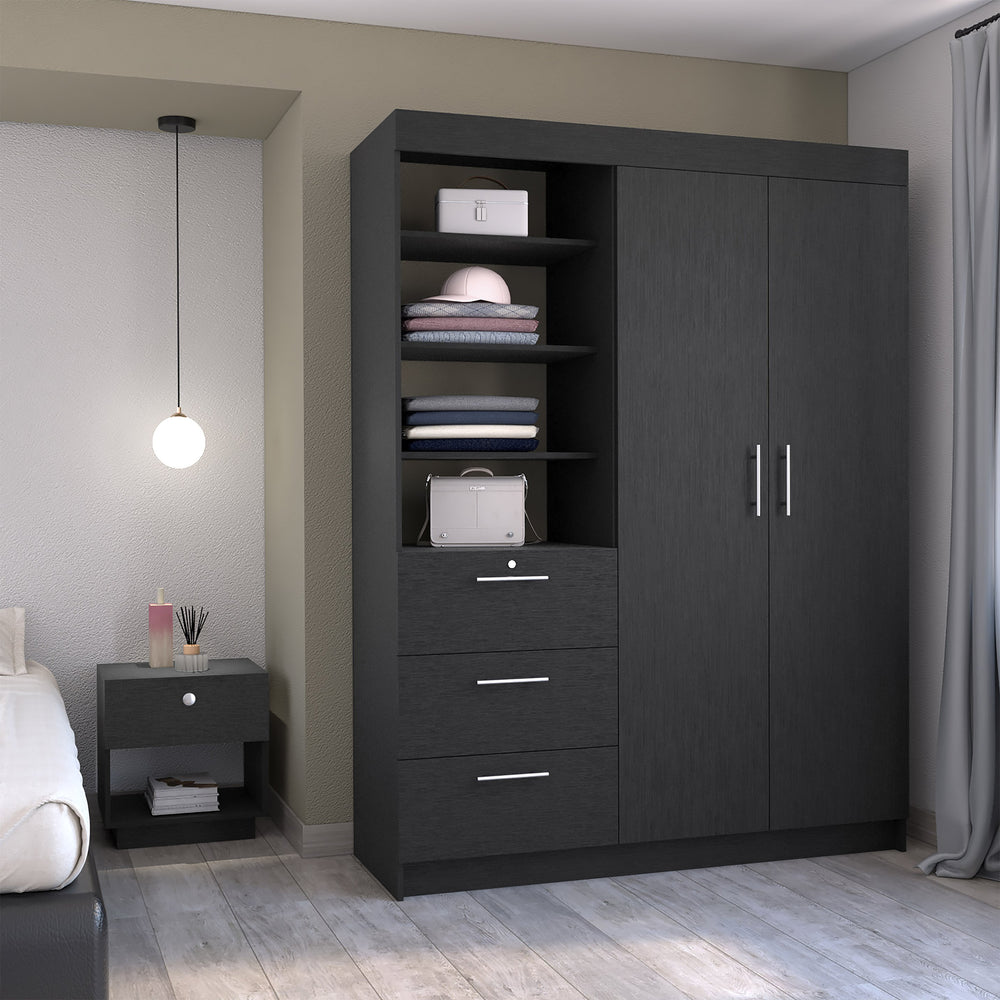 English Elm Peyton Armoire & Nightstand Set in Black – Engineered Wood, Spacious Drawers, Shelves, Stylish Storage B092S00247