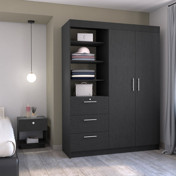 English Elm Peyton Armoire & Nightstand Set in Black – Engineered Wood, Spacious Drawers, Shelves, Stylish Storage B092S00247