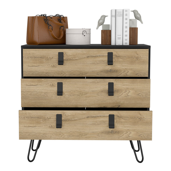 English Elm Dresser Magness Black/Macadamia — Compact 3-Drawer Engineered Wood with Metal Handles & Stable Four-Leg Base B092P154879