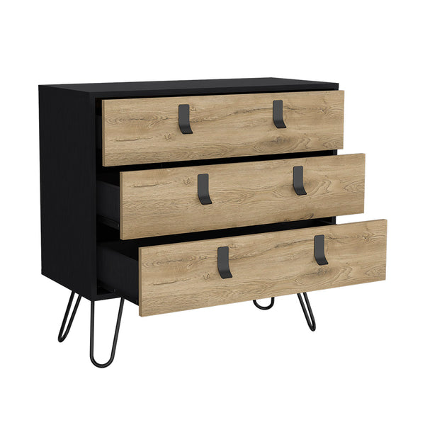 English Elm Dresser Magness Black/Macadamia — Compact 3-Drawer Engineered Wood with Metal Handles & Stable Four-Leg Base B092P154879