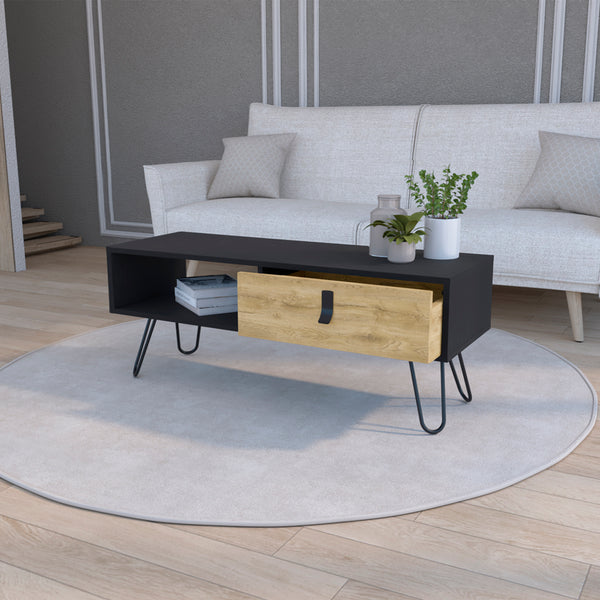 English Elm Coffee Table Magness Modern Dual-Tone Black Macadamia Coffee Table with Drawer, Shelf & Metal Legs B092P154878