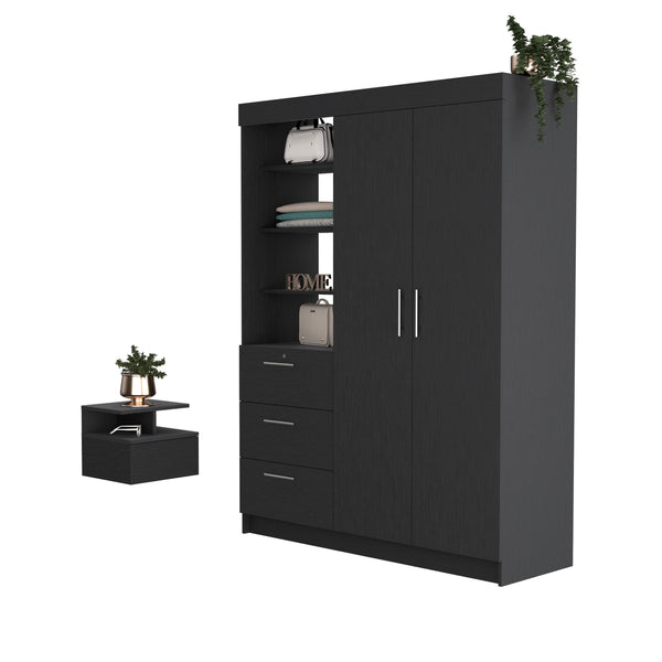 English Elm Kenya Black 2-Piece Bedroom Set with Armoire & Floating Nightstand, Spacious Drawers & Shelves B092S00246