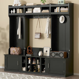 English Elm On-trend Modular Entryway Hall Tree with Hooks Shoe Cubbies Bench and Shelves Black N721S000025B
