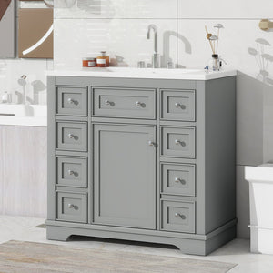 English Elm 36" Modern Bathroom Vanity with Ceramic Sink, Solid Wood & MDF Build, Six Drawers + Cabinet, Durable Finish and Adjustable Shelf for Organized Storage Grey SY999404AAE-6