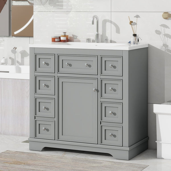 English Elm 36" Modern Bathroom Vanity with Ceramic Sink, Solid Wood & MDF Build, Six Drawers + Cabinet, Durable Finish and Adjustable Shelf for Organized Storage Grey SY999404AAE-6