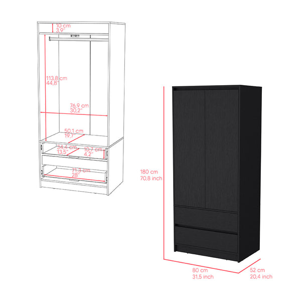 English Elm Beloit 3-Piece Bedroom Set with Rolling Nightstand, Double-Dresser & Armoire — Black Engineered Wood, Ample Storage, Metal-Glide Drawers, Smooth Mobility B092S00244