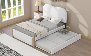 English Elm Twin Upholstered Platform Bed with Arc Headboard and Trundle, Berber Fleece Comfort, Sturdy Frame White DL000562AAK