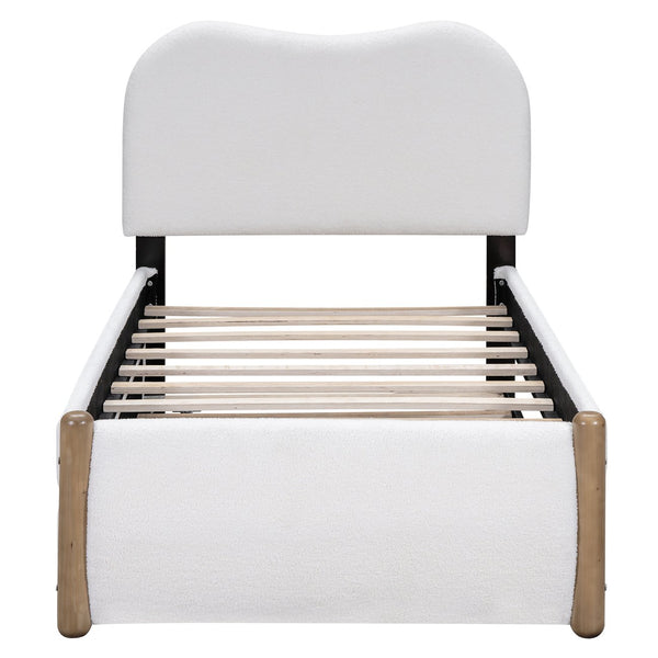 English Elm Twin Upholstered Platform Bed with Arc Headboard and Trundle, Berber Fleece Comfort, Sturdy Frame White DL000562AAK