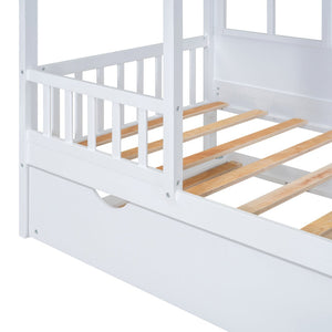 English Elm Twin House Bed White Pinewood Frame with Pull Out Trundle for Kids Bedroom LP001668AAK-2
