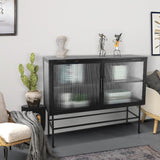 Black Glass Sideboard Console Table with Fluted Doors, Adjustable Shelf, Anti-Tip Feet