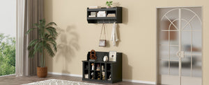 English Elm On-trend Matte Black Entryway Bench with Wall Cabinet Ten Compartments Four Hooks WF313576AAB