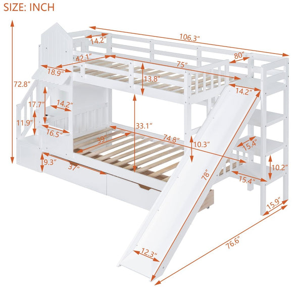 English Elm Twin-over-twin Castle Bunk Bed with Slide Storage Drawers and Shelves for Kids White LT000559AAK-1