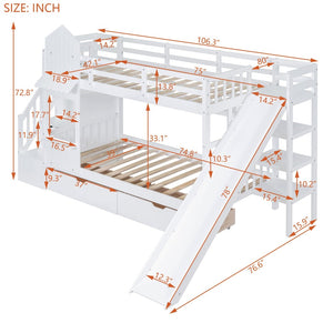 English Elm Twin-over-twin Castle Bunk Bed with Slide Storage Drawers and Shelves for Kids White LT000559AAK-2