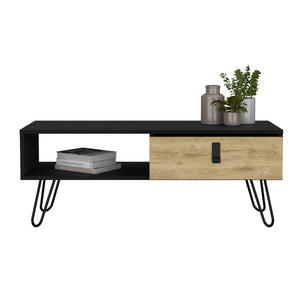 English Elm Coffee Table Magness Modern Dual-Tone Black Macadamia Coffee Table with Drawer, Shelf & Metal Legs B092P154878