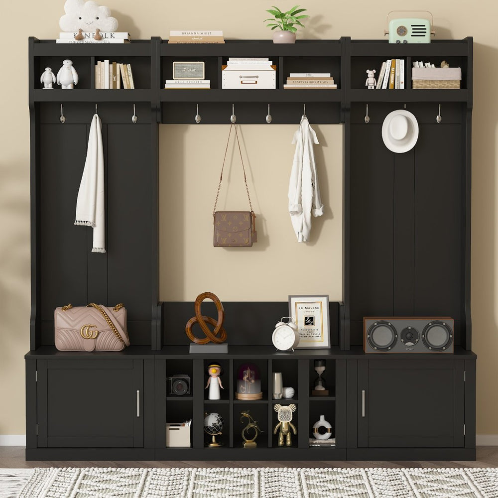 English Elm On-trend Modular Entryway Hall Tree with Hooks Shoe Cubbies Bench and Shelves Black N721S000025B