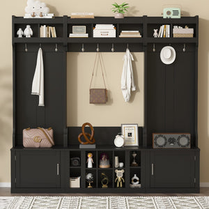 English Elm On-trend Modular Entryway Hall Tree with Hooks Shoe Cubbies Bench and Shelves Black N721S000025B