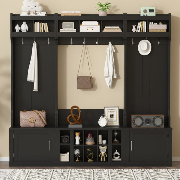 English Elm On-trend Modular Entryway Hall Tree with Hooks Shoe Cubbies Bench and Shelves Black N721S000025B
