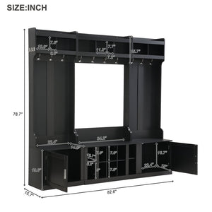 English Elm On-trend Modular Entryway Hall Tree with Hooks Shoe Cubbies Bench and Shelves Black N721S000025B
