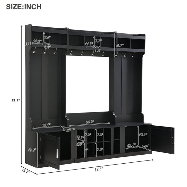 English Elm On-trend Modular Entryway Hall Tree with Hooks Shoe Cubbies Bench and Shelves Black N721S000025B