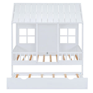 English Elm Twin House Bed White Pinewood Frame with Pull Out Trundle for Kids Bedroom LP001668AAK-2