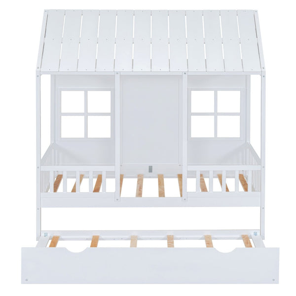 English Elm Twin House Bed White Pinewood Frame with Pull Out Trundle for Kids Bedroom LP001668AAK-2
