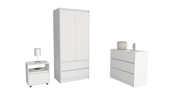 English Elm Beloit 3 Piece Bedroom Set with Casters Nightstand, Dresser & Armoire in White – Spacious Storage Designed B092S00243