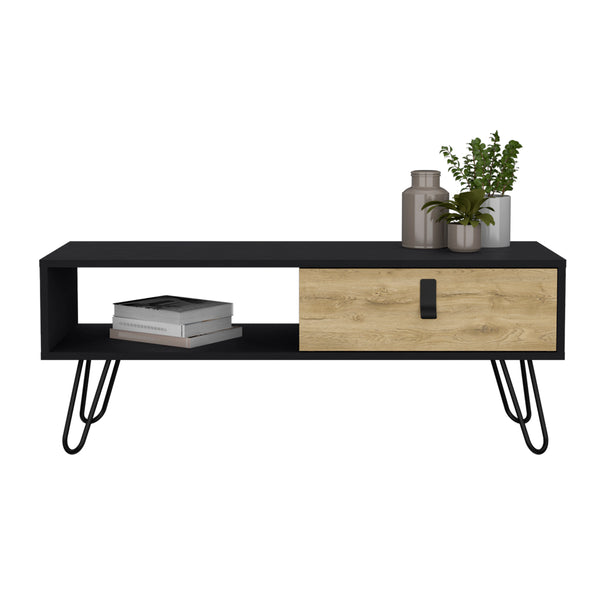 English Elm Coffee Table Magness Modern Dual-Tone Black Macadamia Coffee Table with Drawer, Shelf & Metal Legs B092P154878