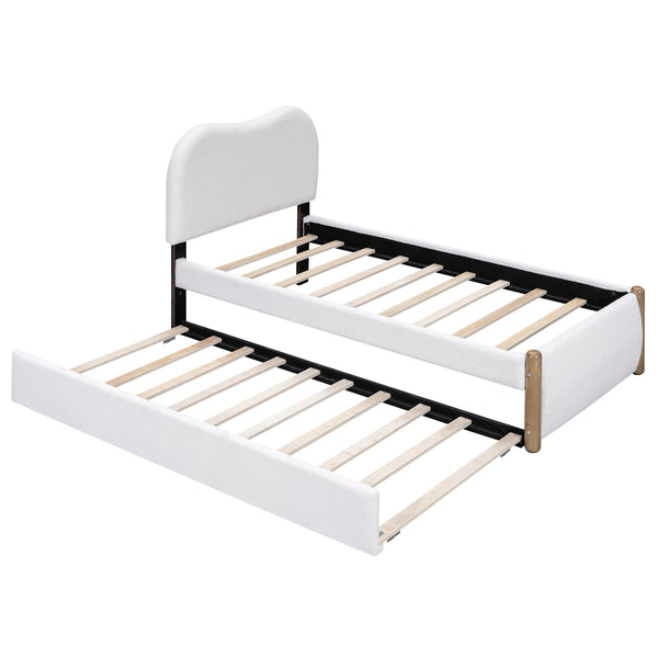 English Elm Twin Upholstered Platform Bed with Arc Headboard and Trundle, Berber Fleece Comfort, Sturdy Frame White DL000562AAK