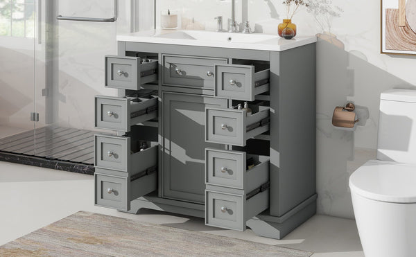 English Elm 36" Modern Bathroom Vanity with Ceramic Sink, Solid Wood & MDF Build, Six Drawers + Cabinet, Durable Finish and Adjustable Shelf for Organized Storage Grey SY999404AAE-6