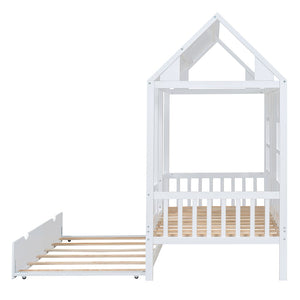 English Elm Twin House Bed White Pinewood Frame with Pull Out Trundle for Kids Bedroom LP001668AAK-2