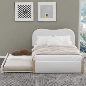 English Elm Full Full Size Upholstered Platform Bed with Arc Headboard, White Berber Fleece & Twin Trundle, Sturdy DL000563AAK