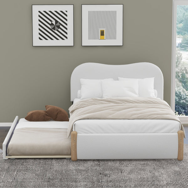 English Elm Full Full Size Upholstered Platform Bed with Arc Headboard, White Berber Fleece & Twin Trundle, Sturdy DL000563AAK