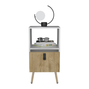 English Elm Nightstand Modern A Magness White & Macadamia Finish with Drawer, Open Shelf, Elevated Legs, Durable Engineered Wood B092P154880