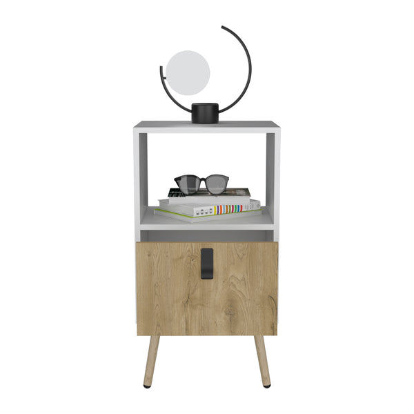 English Elm Nightstand Modern A Magness White & Macadamia Finish with Drawer, Open Shelf, Elevated Legs, Durable Engineered Wood B092P154880