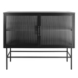 English Elm Double Door Tempered Glass Sideboard Console Table With 2 Fluted Glass Doors Adjustable Shelf and Feet Anti-Tip Dust-Free Kitchen Credenza Cabinet Black